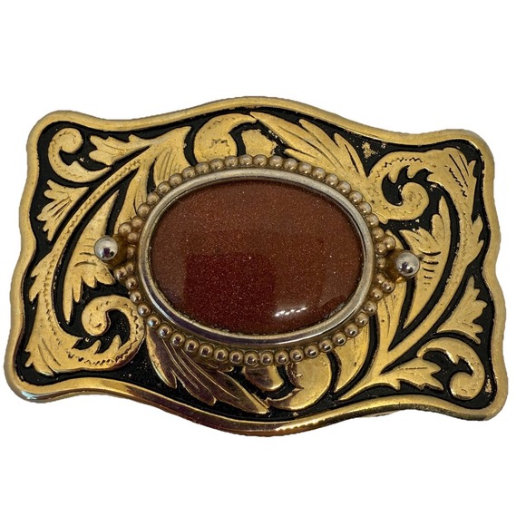 Accessories - Western Gold Plated Carved Metal Belt Buckle Brown-Orange Stone Cowgirl Fashion